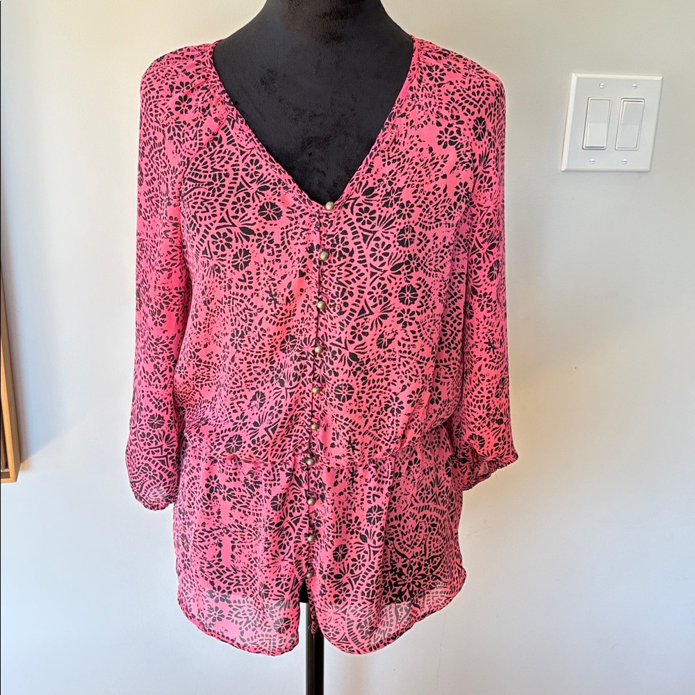 Banana Republic Pink and Black Floral Cinched waist Blouse